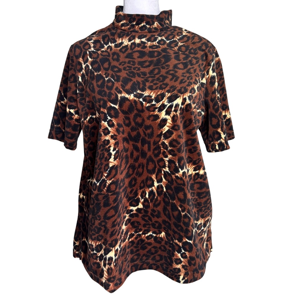 Vintage Leopard Print Mock Neck Top‎ Brown Short Sleeve Mob Wife Luxury Teddi M